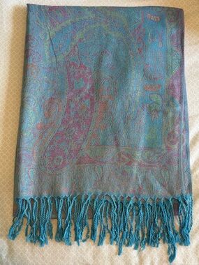 Teal Paisley Fringe festival Pashmina Scarf